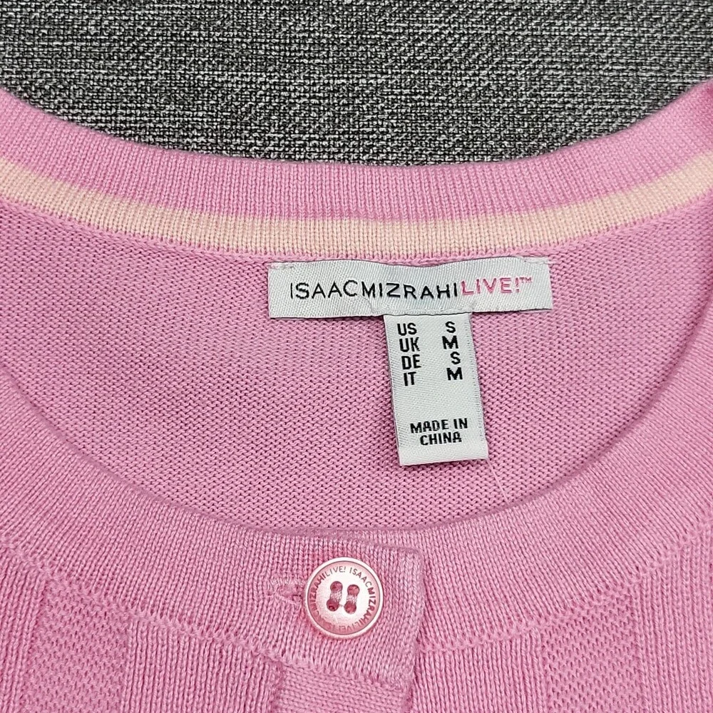 Isaac Mizrahi Live Button Front Border Stitch Cardigan Small Sz Pink Modern Top - Picture 8 of 10